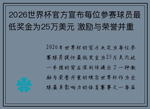 2026世界杯官方宣布每位参赛球员最低奖金为25万美元 激励与荣誉并重